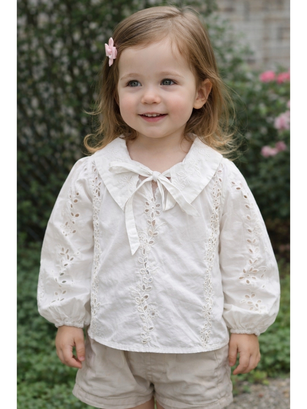 4/25 Toddler Cream Eyelet Tie-Collar Blouse 3t